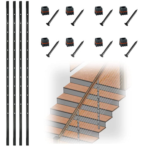 Myard Square Aluminum Pre-Drilled Intermediate Picket Post with Connectors for 1/8" Stair Cable Railings, Length 50" with 12 Angled Offset Elongated Holes (50", Black, 4-Pack)