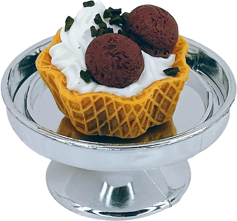 Loches Lynn K1168 Artificial Handcrafted Mini Fake Vanilla Chocolate Ice Cream Matcha Cookie Cup Cake with Silver Stand Plate + Dome, Gift Home Decor, Refrigerator Magnet, Model, Replica