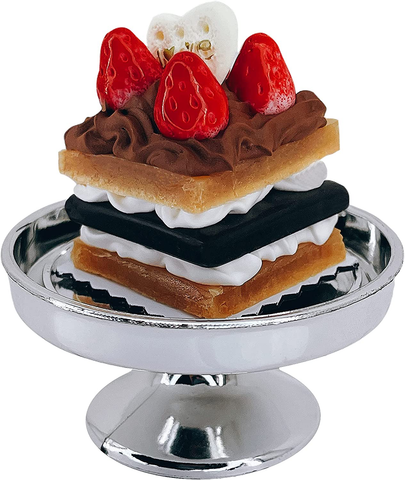 Loches Lynn K1106 Artificial Handcrafted Mini Fake Strawberry Chocolate Cream Cookies Cake with Silver Stand Plate + Dome, Gift Home Decor, Refrigerator Magnet, Model, Replica