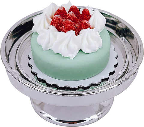 Loches Lynn K1130 Artificial Handcrafted Mini Fake Strawberry Fruit Cream Cake with Silver Stand Plate + Dome, Gift Home Decor, Refrigerator Magnet, Model, Replica