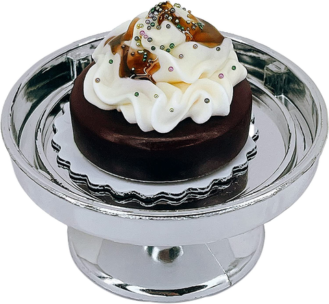 Loches Lynn K1134 Artificial Handcrafted Mini Fake Coffee Honey Caramel Maple Sugar Chocolate Sprinkles Cream Cake with Silver Stand Plate + Dome, Gift Home Decor, Refrigerator Magnet, Model, Replica