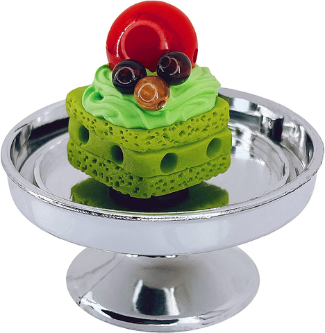 Loches Lynn K1081 Artificial Handcrafted Mini Fake Matcha Cream Sponge Cherry Cake with Silver Stand Plate + Dome, Gift Home Decor, Refrigerator Magnet, Model, Replica