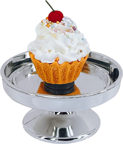 Loches Lynn K1075 Artificial Handcrafted Mini Fake Cream Cherry Chocolate Sprinkles Cup Cake with Silver Stand Plate + Dome, Gift Home Decor, Refrigerator Magnet, Model, Replica