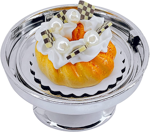 Loches Lynn K1197 Artificial Handcrafted Mini Fake Pearl Chocolate Chip Cookie Cream Donut Cake with Silver Stand Plate + Dome, Gift Home Decor, Refrigerator Magnet, Model, Replica