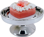 Loches Lynn K1051 Artificial Handcrafted Mini Fake Rose Cream Heart-Shaped Cake with Silver Stand Plate + Dome, Gift Home Decor, Refrigerator Magnet, Model, Replica