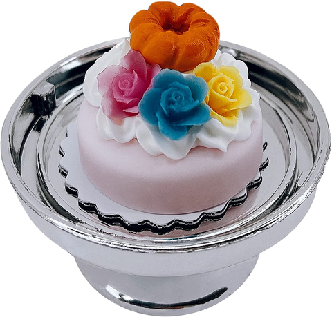 Loches Lynn K1185 Artificial Handcrafted Mini Fake Donut Roses Cream Cake with Silver Stand Plate + Dome, Gift Home Decor, Refrigerator Magnet, Model, Replica