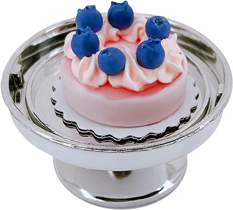 Loches Lynn K1196 Artificial Handcrafted Mini Fake Blueberry Fruit Cream Cake with Silver Stand Plate + Dome, Gift Home Decor, Refrigerator Magnet, Model, Replica