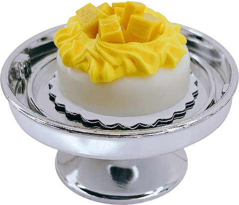 Loches Lynn K1128 Artificial Handcrafted Mini Fake Mango Fruit Cream Cake with Silver Stand Plate + Dome, Gift Home Decor, Refrigerator Magnet, Model, Replica