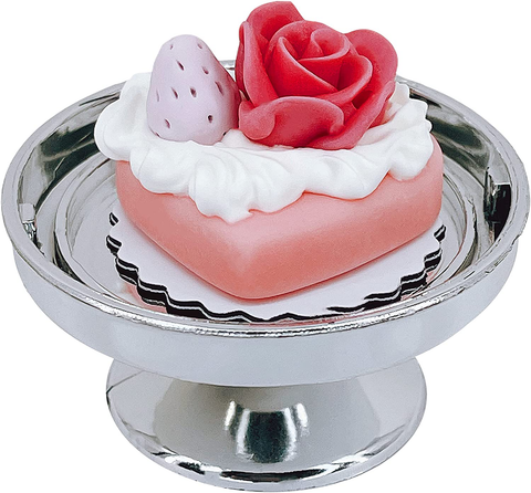 Loches Lynn K1152 Artificial Handcrafted Mini Fake Heart Shaped Strawberry Rose Cream Cake with Silver Stand Plate + Dome, Gift Home Decor, Refrigerator Magnet, Model, Replica