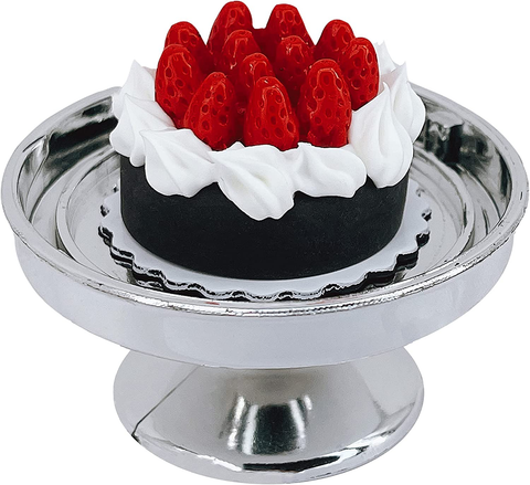 Loches Lynn K1042 Artificial Handcrafted Mini Fake Black Forest Chocolate Strawberry Mousse Cream Cake with Silver Stand Plate + Dome, Gift Home Decor, Refrigerator Magnet, Model, Replica