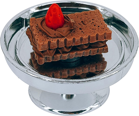 Loches Lynn K1082 Artificial Handcrafted Mini Fake Chocolate Cream Strawberry Layer Cake with Silver Stand Plate + Dome, Gift Home Decor, Refrigerator Magnet, Model, Replica