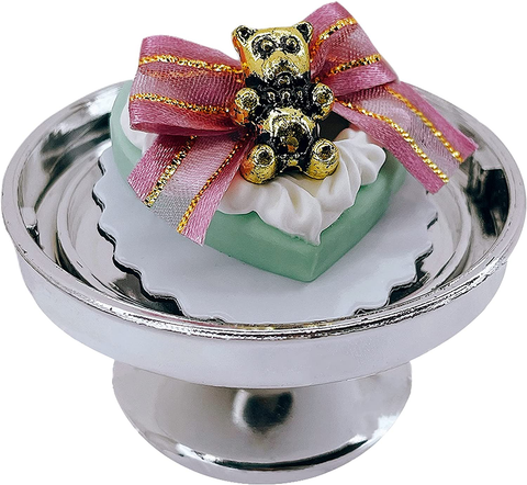 Loches Lynn K1017 Artificial Handcrafted Mini Fake Cream Ribbon Bear Ornament Cake with Silver Stand Plate + Dome, Gift Home Decor, Refrigerator Magnet, Model, Replica