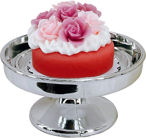 Loches Lynn K1004 Artificial Handcrafted Mini Fake Rose Cream Cake with Silver Stand Plate + Dome, Gift Home Decor, Refrigerator Magnet, Model, Replica