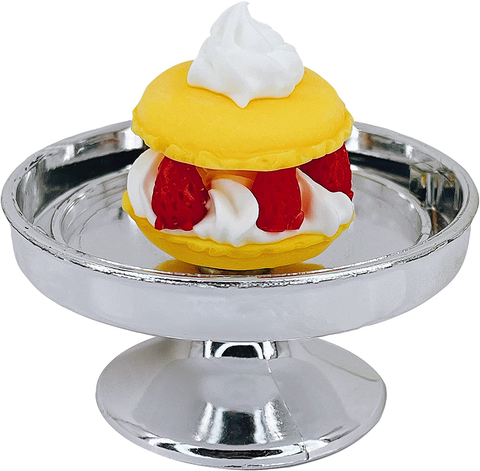 Loches Lynn K1090 Artificial Handcrafted Mini Fake Cream Strawberry Mango Macaron Cake with Silver Stand Plate + Dome, Gift Home Decor, Refrigerator Magnet, Model, Replica