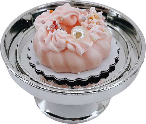Loches Lynn K1172 Artificial Handcrafted Mini Fake Strawberry Chocolate Sprinkles Cream Donut Cake with Silver Stand Plate + Dome, Gift Home Decor, Refrigerator Magnet, Model, Replica