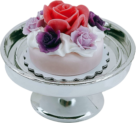 Loches Lynn K1121 Artificial Handcrafted Mini Fake Roses Cream Cake with Silver Stand Plate + Dome, Gift Home Decor, Refrigerator Magnet, Model, Replica