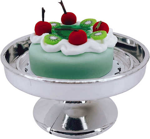 Loches Lynn K1123 Artificial Handcrafted Mini Fake Kiwi Cherry Fruit Cream Cake with Silver Stand Plate + Dome, Gift Home Decor, Refrigerator Magnet, Model, Replica