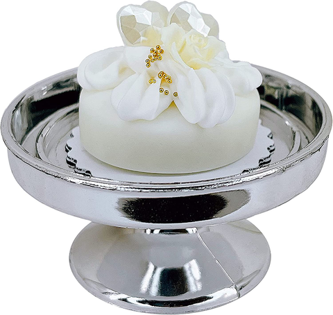 Loches Lynn K1095 Artificial Handcrafted Mini Fake Cream White Rose Cake with Silver Stand Plate + Dome, Gift Home Decor, Refrigerator Magnet, Model, Replica