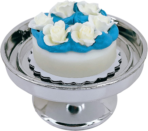 Loches Lynn K1232 Artificial Handcrafted Mini Fake Blue Cream Rose Cake with Silver Stand Plate + Dome, Gift Home Decor, Refrigerator Magnet, Model, Replica